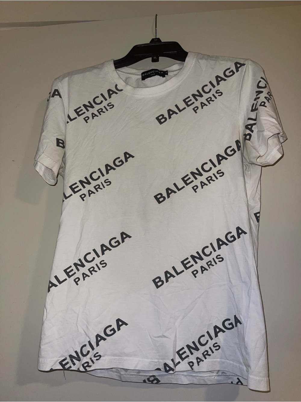 Balenciaga White Tee with Black Diagonal Logo Print